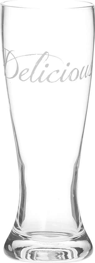 Een helder bierglas met de tekst 'Delicious' in sierlijke letters.