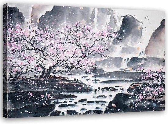 Schilderij Japanse bloesem, 2 maten, zwart-wit/roze, Premium print | bol.com