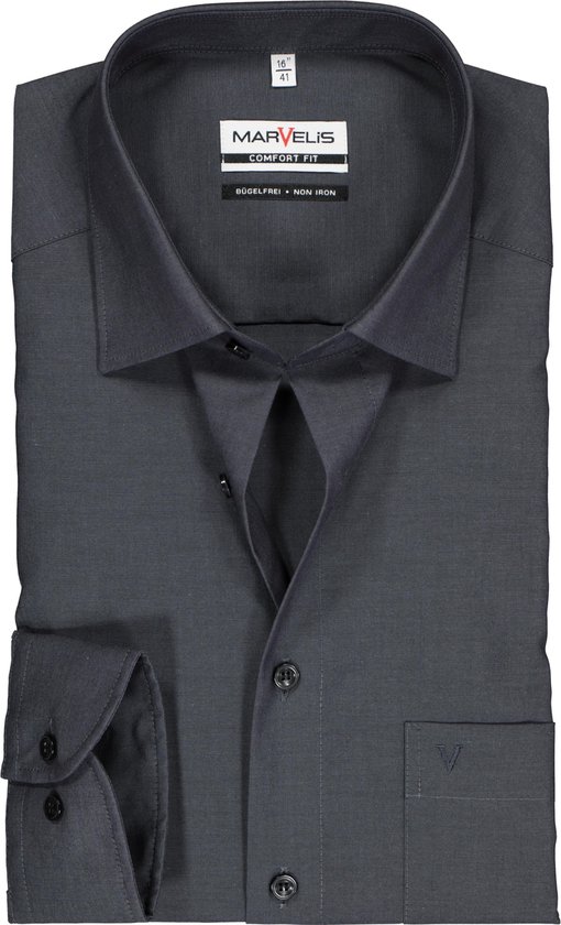 MARVELIS comfort fit overhemd - antraciet grijs - Strijkvrij - Boordmaat: 46