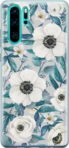 Huawei P30 Pro hoesje - Witte bloemen - Soft Case Telefoonhoesje - Bloemen - Blauw