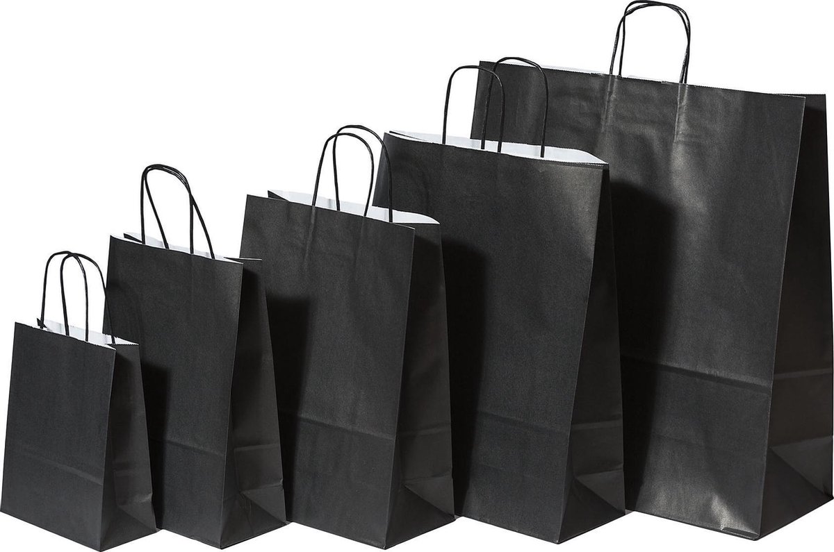 Draagtassen Papier Zwart 24+12x31cm Kraft Papier 100 grams (50 stuks)