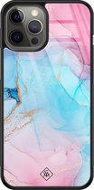iPhone 12 Pro Max hoesje glass - Marmer blauw roze | Apple iPhone 12 Pro Max  case | Hardcase backcover zwart