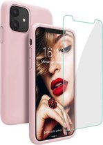 iPhone 12 Pro TPU Silicone rubberen hoesje + 2 Stuks Tempered screenprotector - licht roze
