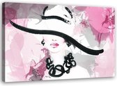 Schilderij , Vrouw met hoed ,2 maten , zwart wit roze , wanddecoratie