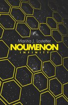 Gele zeshoekenpatroon op een sterrenhemel met de tekst 'Marina J. Lostetter NOUMENON INFINITY'.