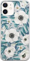 iPhone 12 hoesje siliconen - Witte bloemen - Soft Case Telefoonhoesje - Bloemen - Transparant, Blauw