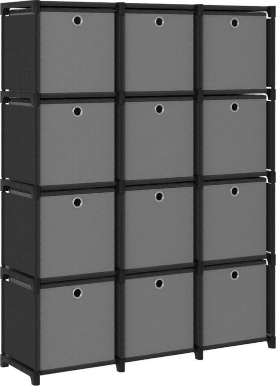 Vakkenkasten - Opbergkast - Boekenkast - 12 vakken - Met boxen - Stof - Zwart - 103x30x141 cm