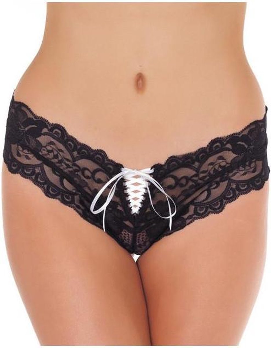 Zwart kanten mini short met witte vetersluiting