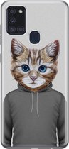 Leuke Telefoonhoesjes - Hoesje geschikt voor Samsung Galaxy A21s - Kat schattig - Soft case - TPU - Kat - Grijs