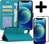 Hoes voor iPhone 12 Mini Hoesje Book Case Met Screenprotector Full Cover 3D Tempered Glass - Hoes voor iPhone 12 Mini Hoes Wallet Cover Met 3D Screenprotector - Turquoise