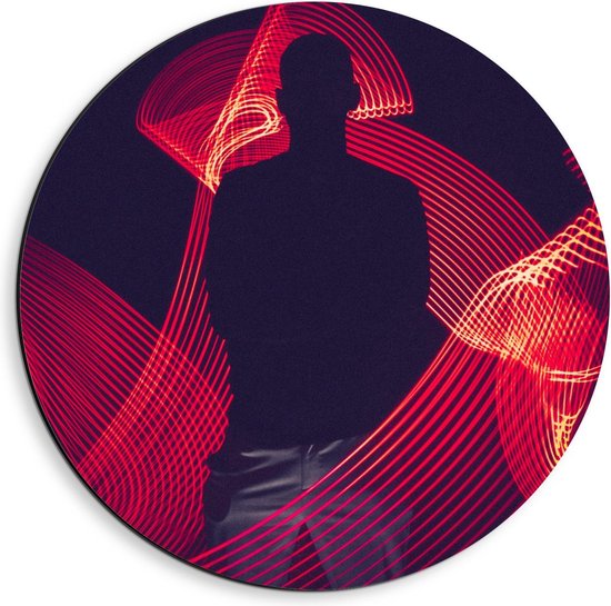 Dibond Wandcirkel - Abstracte Rode Lichtgevende Strepen met Mensen Silhouette  - 40x40cm Foto op Aluminium Wandcirkel (met ophangsysteem)