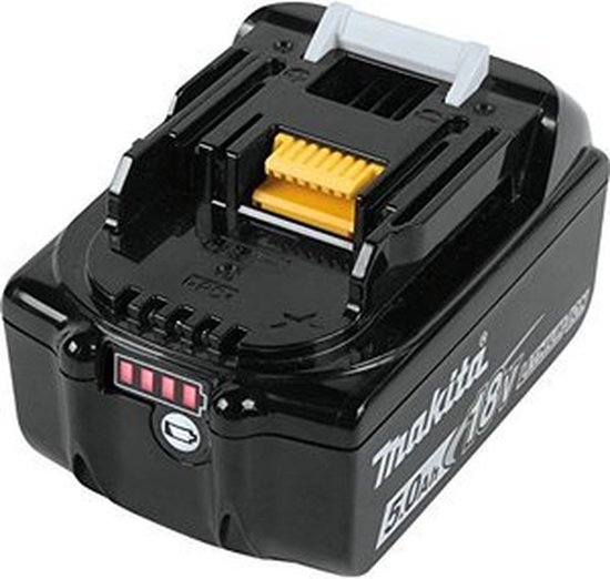 Zwarte Makita 18V 5.0Ah Li-ion accu met rode batterij-indicator, witte ontgrendelingsknoppen en gele connector.
