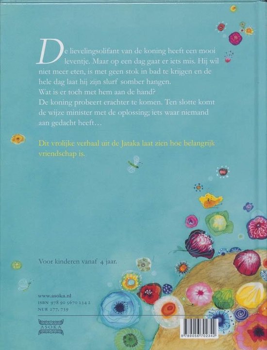 De achterkant van een kinderboek met een turquoise achtergrond en bloemmotieven, met tekst.