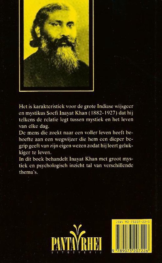 Zwart-witportret van een man met een volle baard en lang haar, Soefi Inayat Khan.