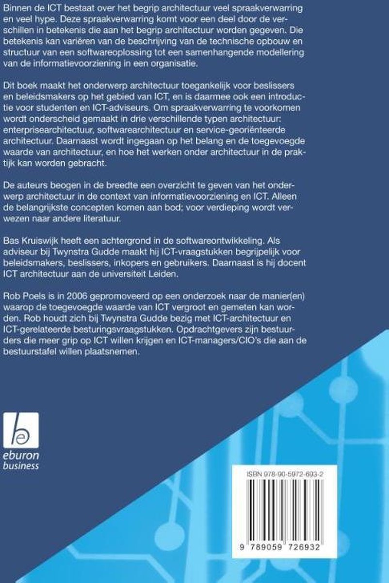 Achterkant boek "Digitale architectuur", ISBN 978-90-5972-693-2. Eburon business logo.