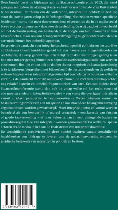 Boek met de titel Integriteit in politiek en bestuur: de (on)mogelijkheden van het recht. Groen met witte tekst.