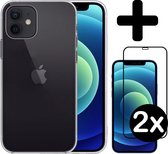 Hoes voor iPhone 12 Hoesje Siliconen Case Met 2x Screenprotector Full Cover 3D Tempered Glass - Hoes voor iPhone 12 Hoes Cover Met 2x 3D Screenprotector - Transparant