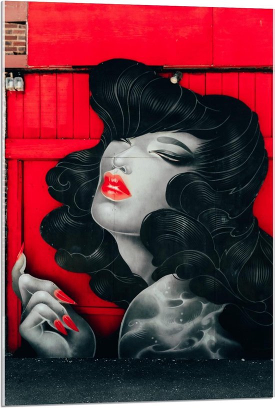 Acrylglas - Muurschildering Vrouw met Rode Lippen - 60x90cm Foto op Acrylglas (Wanddecoratie op Acrylglas)