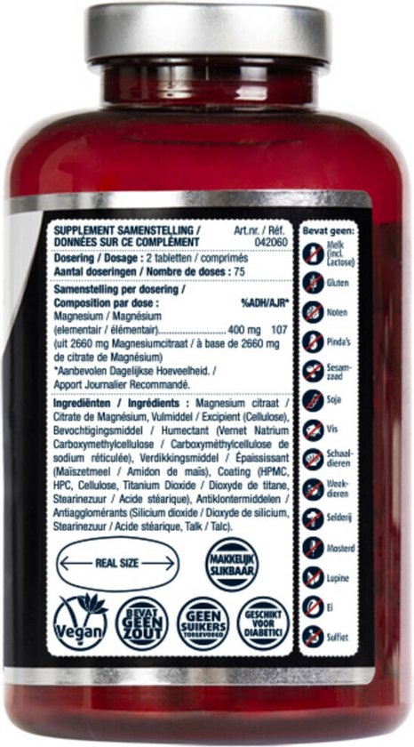 Etiket van Lucovitaal Magnesium Citraat fles met ingrediënten, dosering en allergenenvrije iconen.