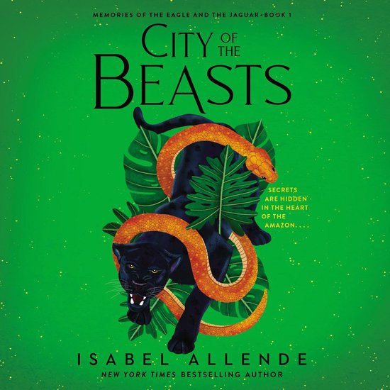 Boekomslag van 'City of the Beasts' met een zwarte panter omwonden door een oranje slang, omringd door tropische bladeren op een groene achtergrond met glitter.