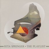 Vintage grammofoon met dubbele belichting van landschappen, bruggen en een wolk. Geometrische vormen met '7.' in oranje. 'RITA SPRINGER • THE PLAYLIST'.