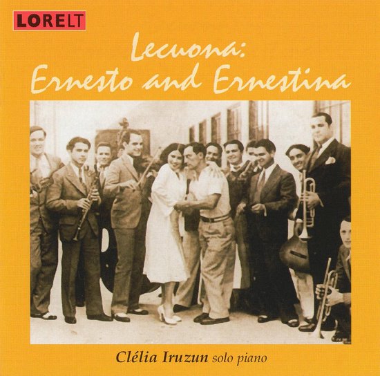 CD-hoes met zwart-witfoto van een orkest rond een dansend paar, titel 'Lecuona: Ernesto and Ernestina' op oranje achtergrond.