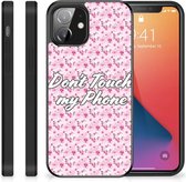 Hoesje met Tekst iPhone 12 Mini Back Cover Siliconen Hoesje met Zwarte rand Flowers Pink Don't Touch My Phone