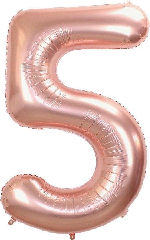 Folie ballon XL 100cm met opblaasrietje - cijfer 5 rose goud - 5 jaar folieballon - 1 meter groot met rietje - Mixen met andere cijfers en/of kleuren binnen het Jumada merk mogelijk