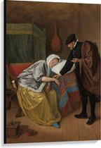 Canvas  - Oude meesters - De zieke vrouw, Jan Havicksz. Steen - 80x120cm Foto op Canvas Schilderij (Wanddecoratie op Canvas)