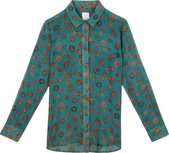 Dames blouse groen met ethno print volwassen lange mouw 100% zijde luxe  zomer chic | bol.com