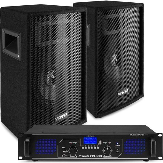 Geluidsinstallatie - Complete 500W geluidsinstallatie voor huisfeestjes of beginnende DJ met twee Vonyx SL8 speakers, Fenton FPL500 digitale versterker met o.a. Bluetooth en mp3 speler en 10 meter luidsprekerkabel