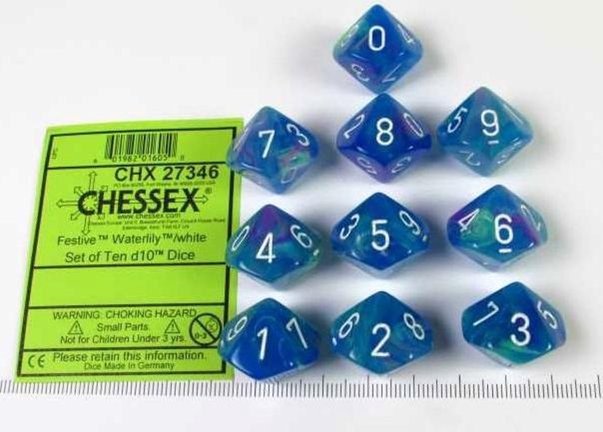 Chessex dobbelstenen set D10 Waterlily wit - 10 stuks - blauw.