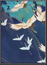 Fine Asianliving Aquarelle Schilderij Japanse Kraanvogels in Lijst Massief Hout 75x55cm Navy