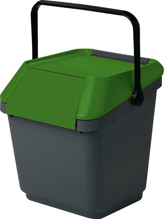Afvalemmer stapelbaar 35 liter grijs met groen deksel | Handvat | EasyMax