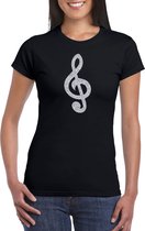 Zilveren muziek noot G-sleutel / muziek feest t-shirt / kleding - zwart - voor dames - muziek shirts / muziek liefhebber / outfit S