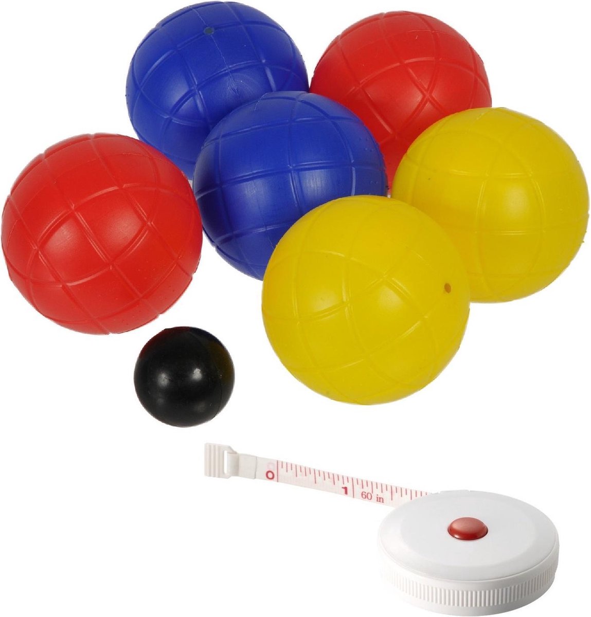 Jeu de boules set met 6 ballen + compact meetlint/rolmaat 1,5 meter - Complete kaatsbal/petanque set - Actief buitenspeelgoed voor kinderen
