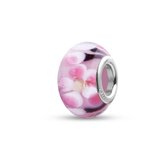 Quiges - Glazen - Kraal - Bedels - Beads Roze met Wit Roze Bloemen en Donker Details Past op je Pandora armband NG1961