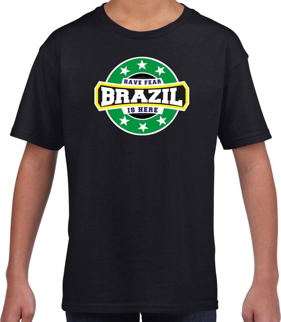 Have fear Brazil is here t-shirt met sterren embleem in de kleuren van de Braziliaanse vlag - zwart - kids - Brazilie supporter / Braziliaans elftal fan shirt / EK / WK / kleding 158/164