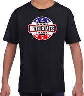 Have fear United States is here t-shirt met sterren embleem in de kleuren van de Amerikaanse vlag - zwart - kids - Amerika supporter / Amerikaans elftal fan shirt / EK / WK / kleding 134/140