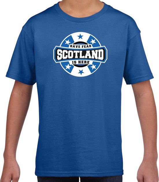 Have fear Scotland is here t-shirt met sterren embleem in de kleuren van de Schotse vlag - blauw - kids - Schotland supporter / Schots elftal fan shirt / EK / WK / kleding 158/164