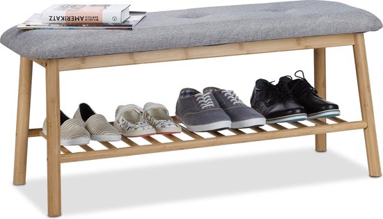 étagère à chaussures relaxdays avec banc en bambou - 4 paires de chaussures - armoire à chaussures - banc d'entrée - long