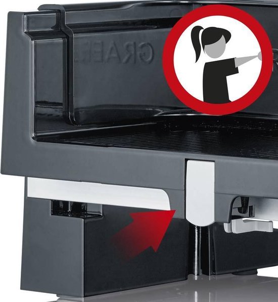 Rode pijl wijst naar de vergrendelingshendel van een donkergrijze snijmachine, met een symbool van een vrouw.