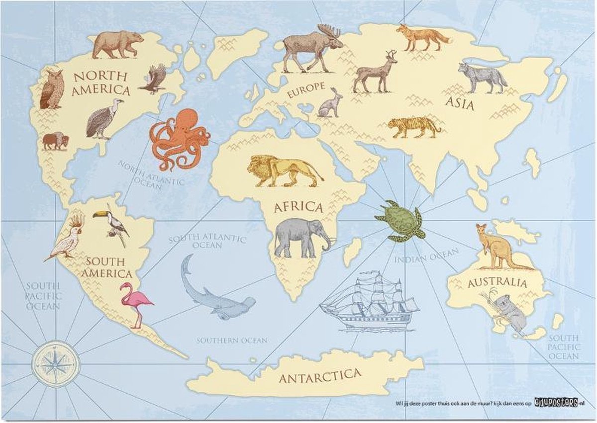 eduposters Educatieve poster (Posterpapier) - Topografie wereld retro - 70 x 50 cm (B2) Beige
