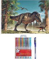 Schetsboek dinosaurussen liefhebbers thema A4 50 paginas met 10 gelpennen - Tekenen creatief cadeau voor kinderen/jongens