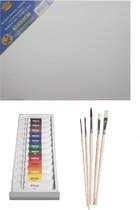 Schilders verf set van 12x tubes acrylverf/hobbyverf 12 ml + doek van 40 x 60 cm + 5x kwasten - basic kleuren in knijptubes
