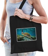 Dieren tasje met schildpadden foto - zwart - voor volwassenen - natuur / zeeschildpad cadeau tas
