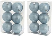 12x stuks kunststof glitter kerstballen ijsblauw 8 cm - Onbreekbare kerstballen - Kerstversiering