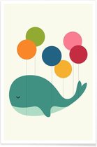 JUNIQE - Poster Schattige walvis en ballon illustratie -20x30