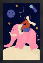 JUNIQE - Poster in houten lijst Elephant Ride -60x90 /Blauw & Roze