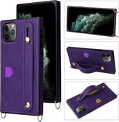 Voor iPhone 11 Pro polsband PU + TPU schokbestendige beschermhoes met crossbody lanyard & houder & kaartsleuf (paars)